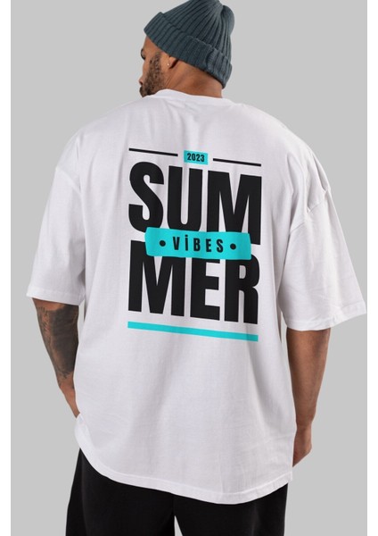 Summer Vibes 2 Arka Baskılı Beyaz Oversize T-Shirt Erkek Kadın Bisiklet Yaka fırsatları