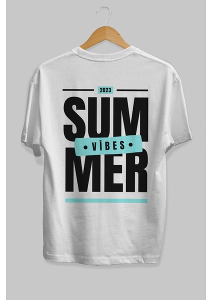 Summer Vibes 2 Arka Baskılı Beyaz Oversize T-Shirt Erkek Kadın Bisiklet Yaka indirimleri