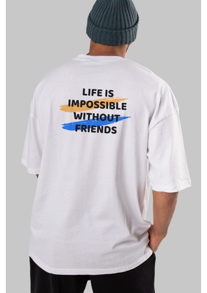 Life Is Impossible Withour Arka Baskılı Beyaz Oversize T-Shirt Erkek Kadın Bisiklet Yaka