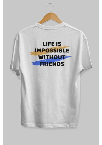 Life Is Impossible Withour Arka Baskılı Beyaz Oversize T-Shirt Erkek Kadın Bisiklet Yaka fiyatları
