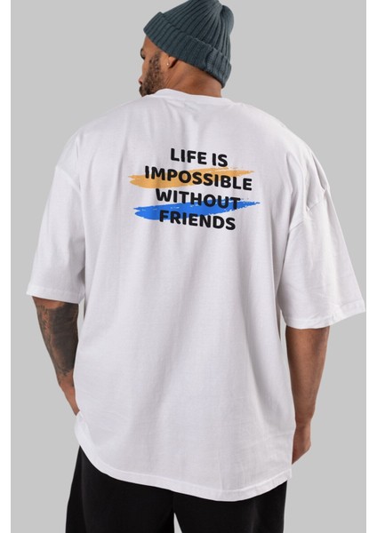 Life Is Impossible Withour Arka Baskılı Beyaz Oversize T-Shirt Erkek Kadın Bisiklet Yaka indirimleri