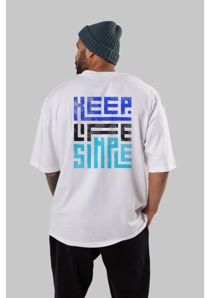 Keep Life Simple Yazılı Arka Baskılı Beyaz Oversize T-Shirt Erkek Kadın Bisiklet Yaka fırsatları