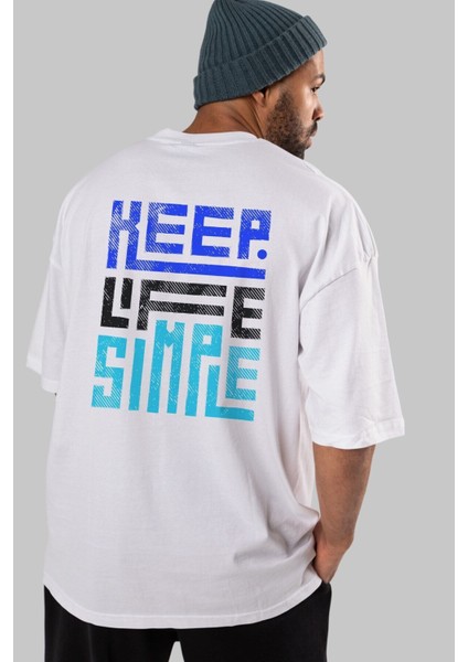Keep Life Simple Yazılı Arka Baskılı Beyaz Oversize T-Shirt Erkek Kadın Bisiklet Yaka indirimleri