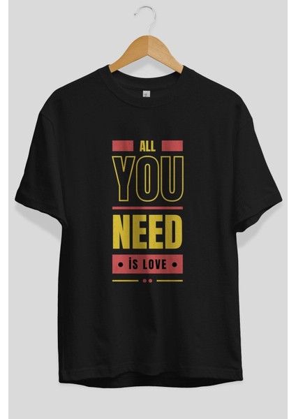 All You Need Is Love Ön Baskılı Siyah Oversize T-Shirt Erkek Kadın Bisiklet Yaka fırsatları