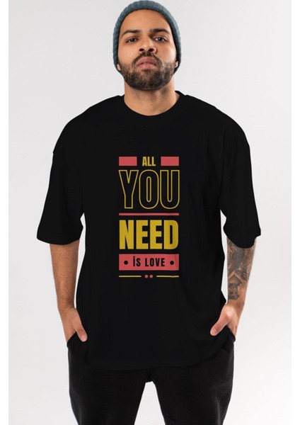 All You Need Is Love Ön Baskılı Siyah Oversize T-Shirt Erkek Kadın Bisiklet Yaka indirimleri