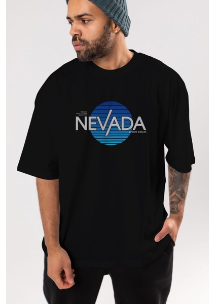 Nevada Yazılı Ön Baskılı Siyah Oversize T-Shirt Erkek Kadın Bisiklet Yaka