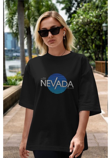 Nevada Yazılı Ön Baskılı Siyah Oversize T-Shirt Erkek Kadın Bisiklet Yaka