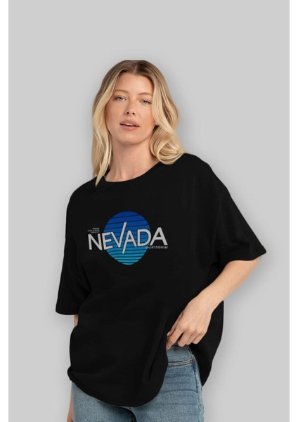 Nevada Yazılı Ön Baskılı Siyah Oversize T-Shirt Erkek Kadın Bisiklet Yaka