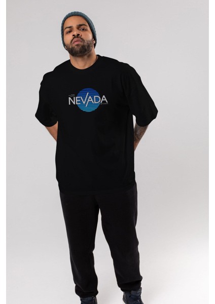 Nevada Yazılı Ön Baskılı Siyah Oversize T-Shirt Erkek Kadın Bisiklet Yaka