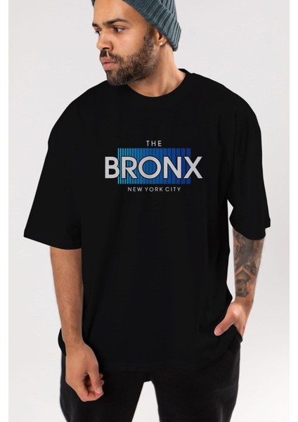 The Bronx Yazılı Ön Baskılı Siyah Oversize T-Shirt Erkek Kadın Bisiklet Yaka