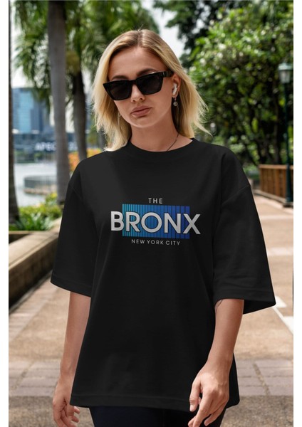 The Bronx Yazılı Ön Baskılı Siyah Oversize T-Shirt Erkek Kadın Bisiklet Yaka modelleri