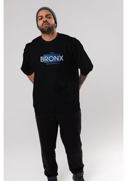 The Bronx Yazılı Ön Baskılı Siyah Oversize T-Shirt Erkek Kadın Bisiklet Yaka fırsatları