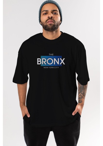 The Bronx Yazılı Ön Baskılı Siyah Oversize T-Shirt Erkek Kadın Bisiklet Yaka indirimleri