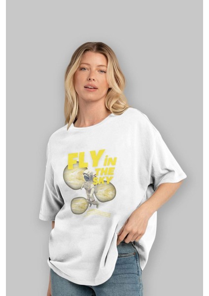 Fly In The Sky Ön Baskılı Beyaz Oversize T-Shirt Erkek Kadın Bisiklet Yaka modelleri