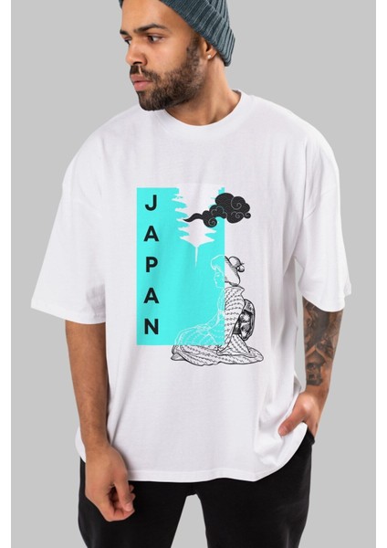 Japan Yazılı Streetwear Ön Baskılı Beyaz Oversize T-Shirt Erkek Kadın Bisiklet Yaka