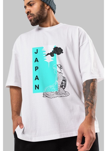 Japan Yazılı Streetwear Ön Baskılı Beyaz Oversize T-Shirt Erkek Kadın Bisiklet Yaka fiyatları