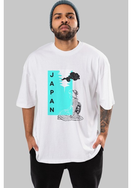 Japan Yazılı Streetwear Ön Baskılı Beyaz Oversize T-Shirt Erkek Kadın Bisiklet Yaka indirimleri