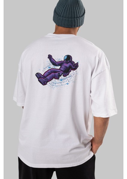 Having Fun In Outer Arka Baskılı Beyaz Oversize T-Shirt Erkek Kadın Bisiklet Yaka