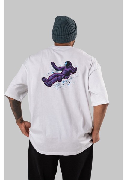 Having Fun In Outer Arka Baskılı Beyaz Oversize T-Shirt Erkek Kadın Bisiklet Yaka modelleri