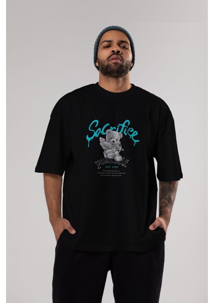 Sacrifice Yourself Bear Ön Baskılı Siyah Oversize T-Shirt Erkek Kadın Bisiklet Yaka