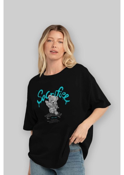 Sacrifice Yourself Bear Ön Baskılı Siyah Oversize T-Shirt Erkek Kadın Bisiklet Yaka modelleri