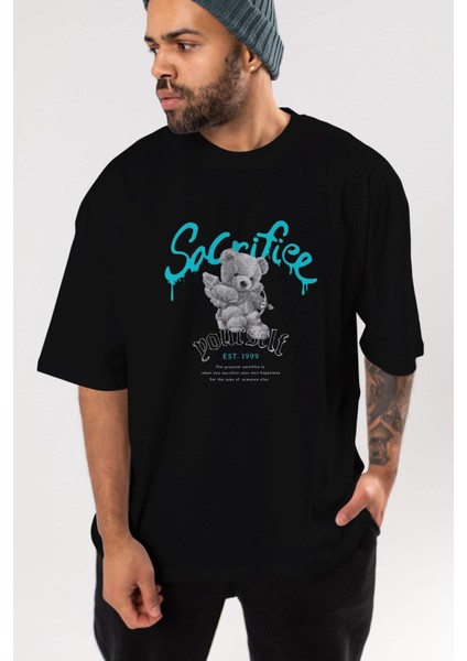 Sacrifice Yourself Bear Ön Baskılı Siyah Oversize T-Shirt Erkek Kadın Bisiklet Yaka fırsatları