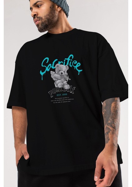 Sacrifice Yourself Bear Ön Baskılı Siyah Oversize T-Shirt Erkek Kadın Bisiklet Yaka indirimleri