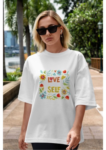 Love Yourself Yazılı Ön Baskılı Beyaz Oversize T-Shirt Erkek Kadın Bisiklet Yaka fiyatları