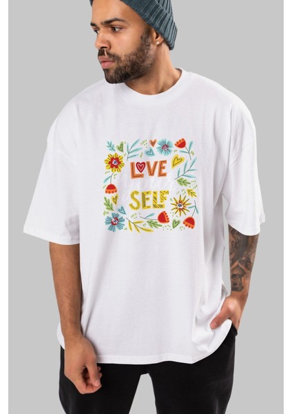 Love Yourself Yazılı Ön Baskılı Beyaz Oversize T-Shirt Erkek Kadın Bisiklet Yaka modelleri