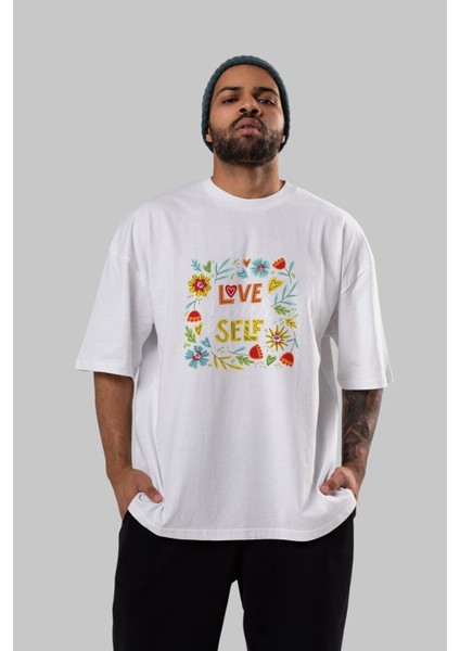 Love Yourself Yazılı Ön Baskılı Beyaz Oversize T-Shirt Erkek Kadın Bisiklet Yaka fırsatları