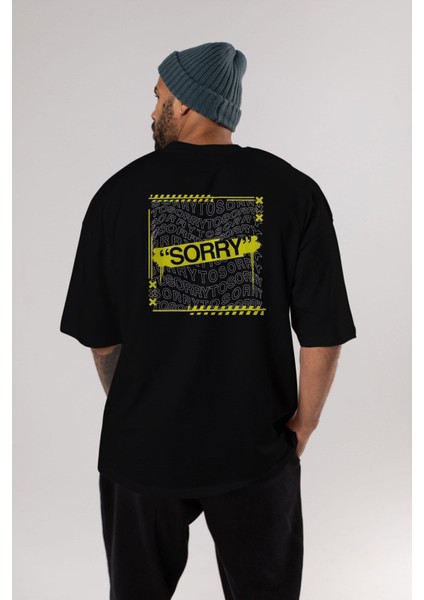 Sorry To Sorry Arka Baskılı Siyah Oversize T-Shirt Erkek Kadın Bisiklet Yaka fırsatları