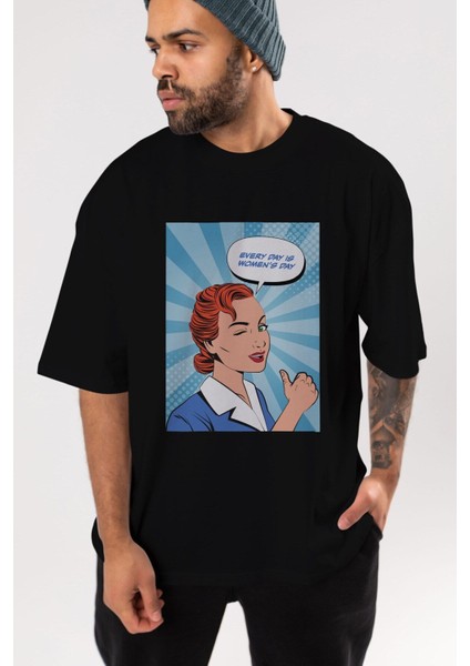 Everyday Is Women Day Ön Baskılı Siyah Oversize T-Shirt Erkek Kadın Bisiklet Yaka