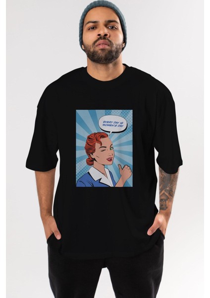 Everyday Is Women Day Ön Baskılı Siyah Oversize T-Shirt Erkek Kadın Bisiklet Yaka fiyatları
