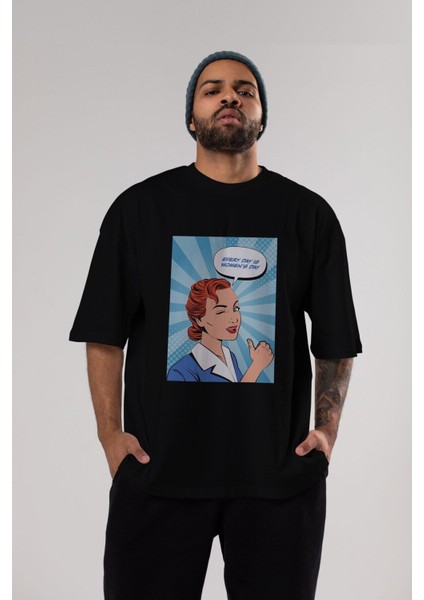 Everyday Is Women Day Ön Baskılı Siyah Oversize T-Shirt Erkek Kadın Bisiklet Yaka fırsatları