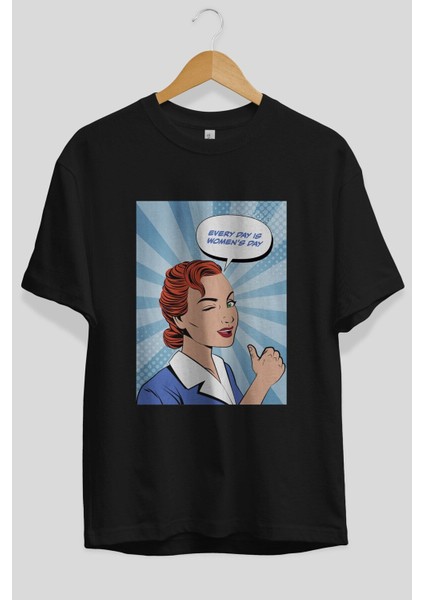 Everyday Is Women Day Ön Baskılı Siyah Oversize T-Shirt Erkek Kadın Bisiklet Yaka indirimleri