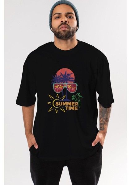 Summer Time Yazılı Ön Baskılı Siyah Oversize T-Shirt Erkek Kadın Bisiklet Yaka