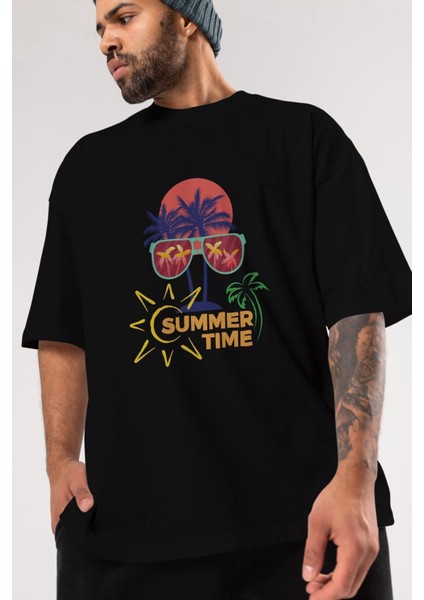 Summer Time Yazılı Ön Baskılı Siyah Oversize T-Shirt Erkek Kadın Bisiklet Yaka