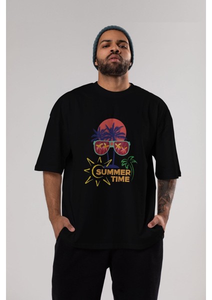 Summer Time Yazılı Ön Baskılı Siyah Oversize T-Shirt Erkek Kadın Bisiklet Yaka