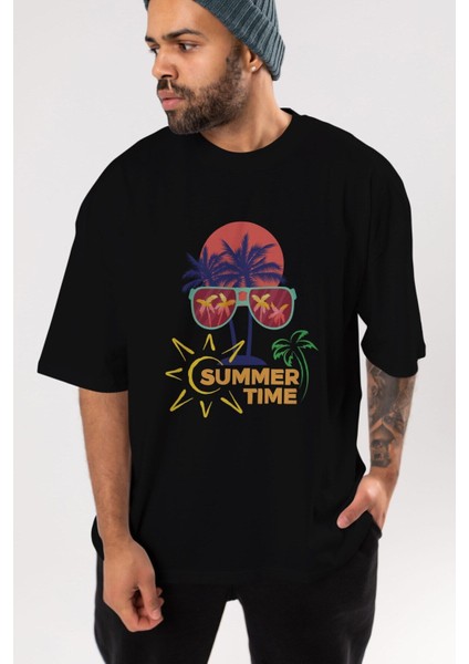 Summer Time Yazılı Ön Baskılı Siyah Oversize T-Shirt Erkek Kadın Bisiklet Yaka