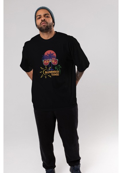 Summer Time Yazılı Ön Baskılı Siyah Oversize T-Shirt Erkek Kadın Bisiklet Yaka