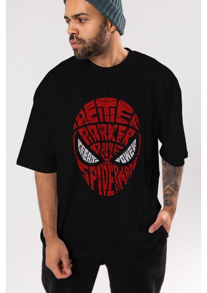 Spiderman Ön Baskılı Siyah Oversize T-Shirt Erkek Kadın Bisiklet Yaka