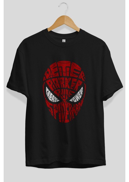 Spiderman Ön Baskılı Siyah Oversize T-Shirt Erkek Kadın Bisiklet Yaka