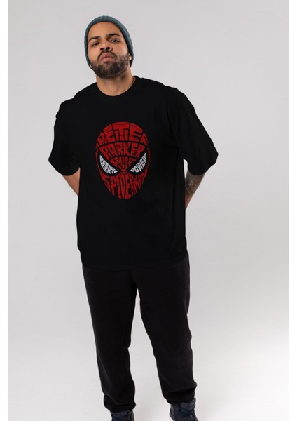 Spiderman Ön Baskılı Siyah Oversize T-Shirt Erkek Kadın Bisiklet Yaka