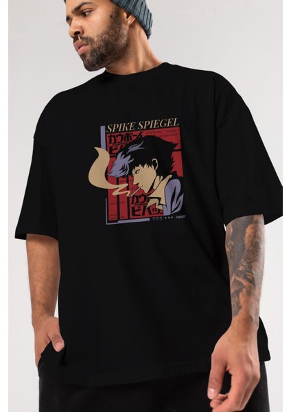 Spike Spiegel Ön Baskılı Siyah Oversize T-Shirt Erkek Kadın Bisiklet Yaka