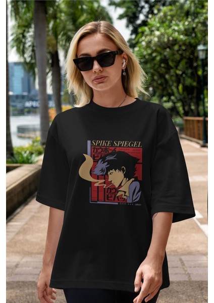 Spike Spiegel Ön Baskılı Siyah Oversize T-Shirt Erkek Kadın Bisiklet Yaka fiyatları