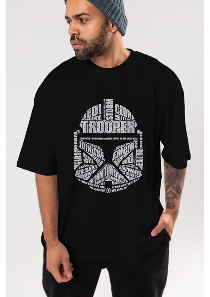 Trooper Ön Baskılı Siyah Oversize T-Shirt Erkek Kadın Bisiklet Yaka