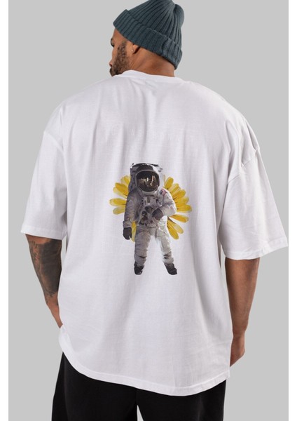 Astronaut Streetwear Arka Baskılı Beyaz Oversize T-Shirt Erkek Kadın Bisiklet Yaka