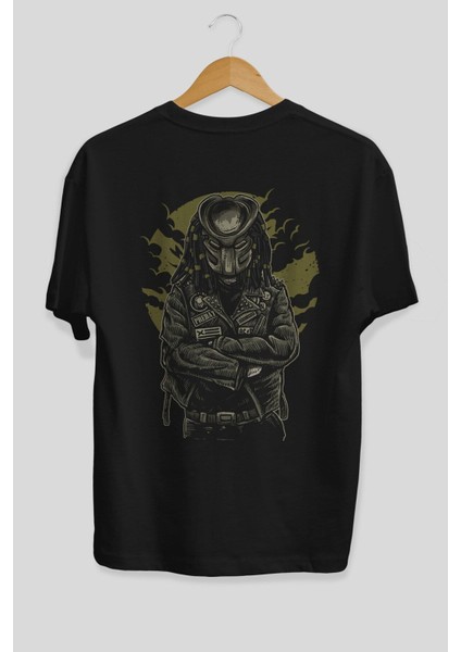 Predator Arka Baskılı Siyah Oversize T-Shirt Erkek Kadın Bisiklet Yaka fiyatları