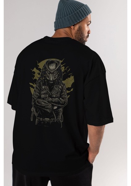 Predator Arka Baskılı Siyah Oversize T-Shirt Erkek Kadın Bisiklet Yaka fırsatları
