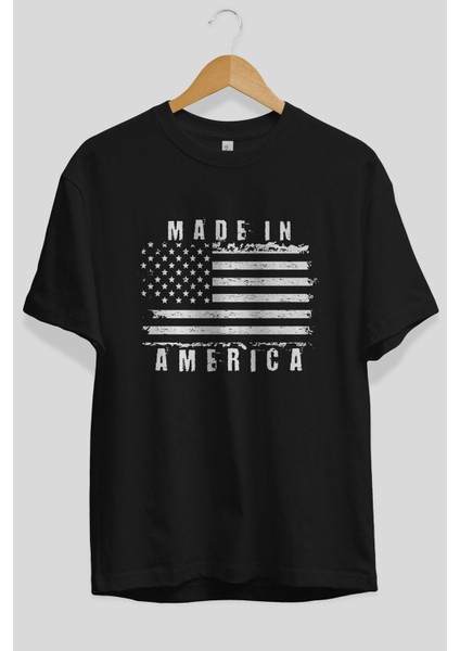 Made In America Yazılı Ön Baskılı Siyah Oversize T-Shirt Erkek Kadın Bisiklet Yaka